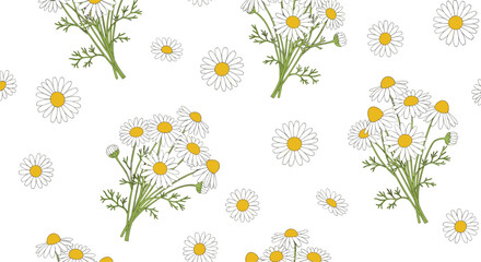 Obraz premium A delicate pattern of small white daisies with yellow centers scattered across a white background.