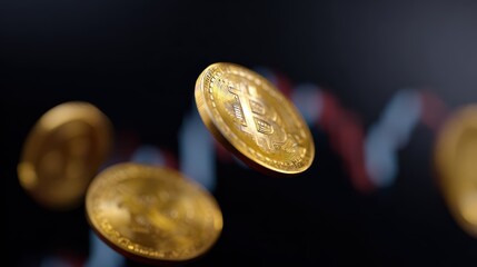 A conceptual image of cryptocurrency trading, with digital coins and a dynamic graph.
