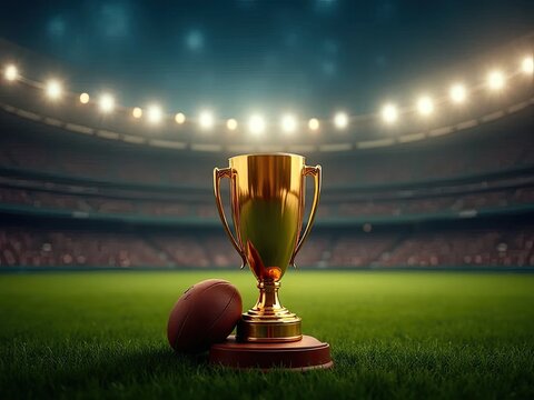  Golden rugby trophy with ball on field podium
