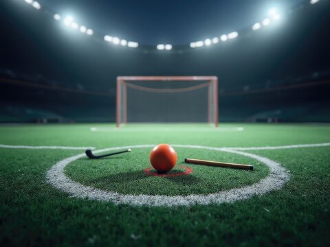  Hockey ball on penalty corner spot with goalpost behind
