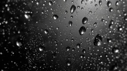 Small droplets of water cling to a dark surface creating a beautiful contrast between light and shadow. The droplets vary in size enhancing the visual appeal.