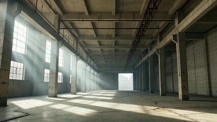 Industrial Warehouse Interior: Vast Empty Space with Beams of Light Piercing Windows and Dust Motes in Cinematic Urban Decay, Focusing on Solitary Architecture - Powered by Adobe
