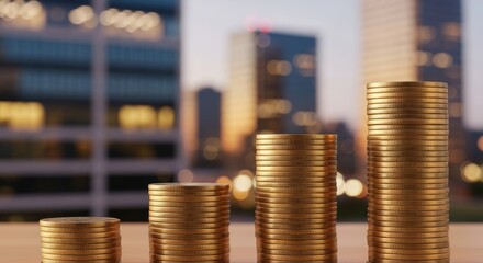 Stacked gold coins in urban office setting for financial success and growth concepts