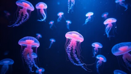 Schools of glowing jellyfish swimming in dark blue ocean waters  