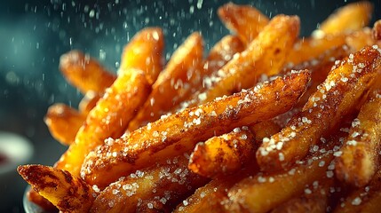 Crispy golden french fries with herbs on dark plate