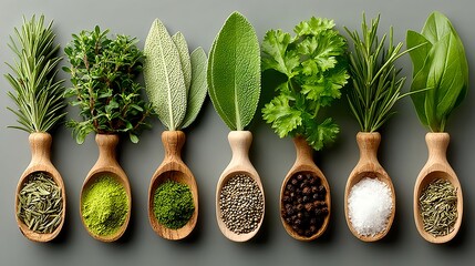 Assortment of fresh herbs and spices in wooden spoons