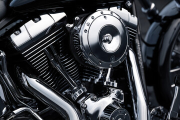 Obraz premium Close-up of a sleek, chrome-plated motorcycle engine highlighting intricate mechanical details