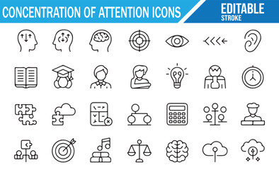 Editable Stroke Concentration Icons — Brain, Book, Target, Lightbulb, and Planning