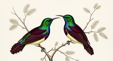 Fototapeta premium Two iridescent sunbirds perch on a delicate branch, isolated on white background
