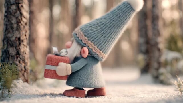 Whimsical Christmas gnome holding a gift, representing the holiday spirit, in a snowy winter forest with copy space
