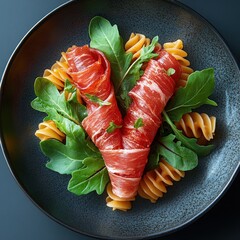 Pasta dish with prosciutto and arugula, gourmet food presentation.