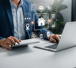 Business professional using laptop and calculator with digital real estate and technology icons overlay