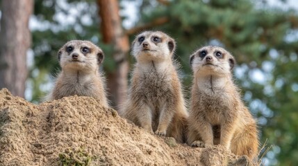 Three meerkats are perched on a sandy mound observing their surroundings. The scene is set in a natural habitat with trees in the background on a sunny day.