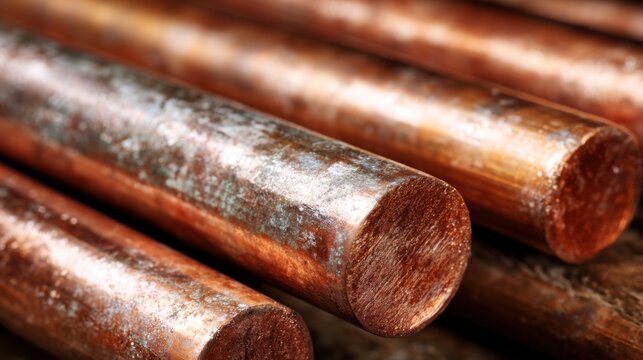 Several copper rods lie parallel to each other in a workshop. Their metallic surfaces reflect light revealing textures and patterns from use hinting at craftsmanship and industry.