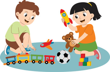 Happy children playing with toys, train, rocket, teddy bear, ball, colorful blocks, kids activity illustration, childhood fun, creative learning vector design