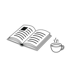 Minimalist vector illustration of an open book with a steaming coffee cup, symbolizing relaxation, study, and mindful lifestyle.