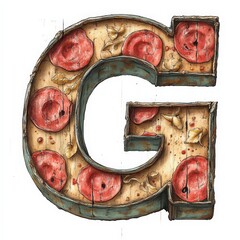 Pizza Letter G Illustration with Pepperoni Slices and Wooden Texture.