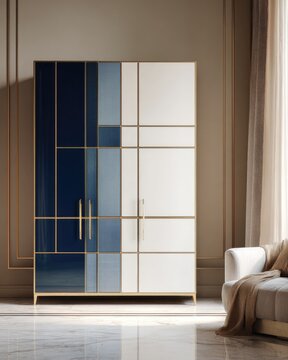 A sophisticated modern wardrobe with a striking blue and white color scheme, showcasing a geometric design and minimalist golden accents.