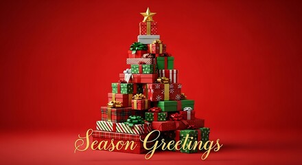 Festive Christmas tree made of colorful gift boxes adorned with a star, wishing Season's Greetings