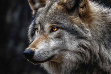 Fototapeta premium Majestic gray wolf with piercing amber eyes attentively looking into the distance showcasing the beauty and detail of wild nature's predator in a dark background