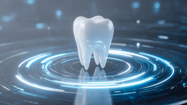 Digital rendering of a tooth surrounded by futuristic light rings