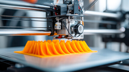 3d printer creating a vibrant orange intricate wave pattern prototype on a flat surface in a modern industrial setting with detailed mechanical components visible