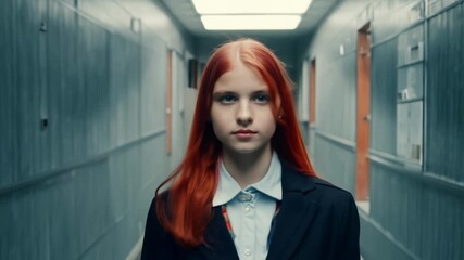 The camera slowly zooms in as a young Caucasian woman with red hair, about 18 years old, walks confidently, facing the camera, down a high school hallway.