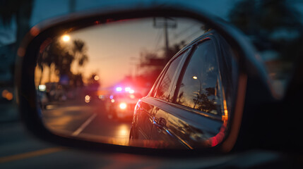 View of police lights reflected in a car's side mirror during dusk