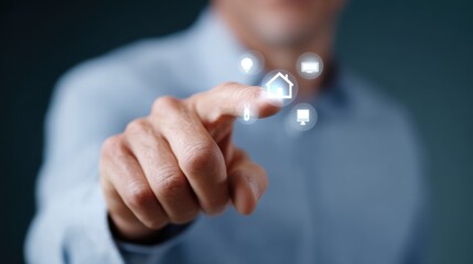A conceptual image of smart home technology, with a person controlling various devices with a single touch.