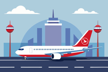 Modern airplane on runway with city skyline and control towers