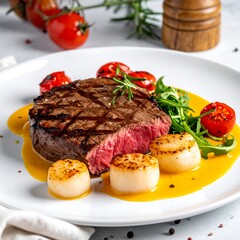 Grilled steak with scallops and sauce