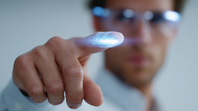 A photorealistic shot of a person interacting with a futuristic, holographic user interface in a clean, minimalist office environment.