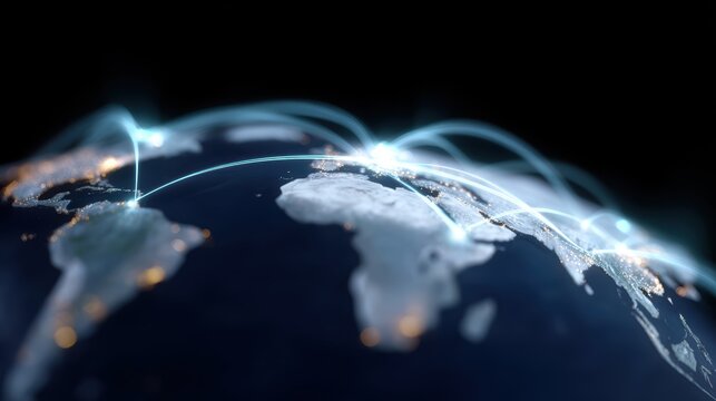 A conceptual image of a global business network with interconnected data lines across the world map.
