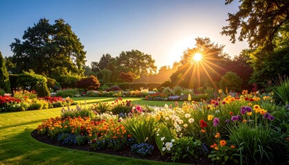 Lush garden at sunrise