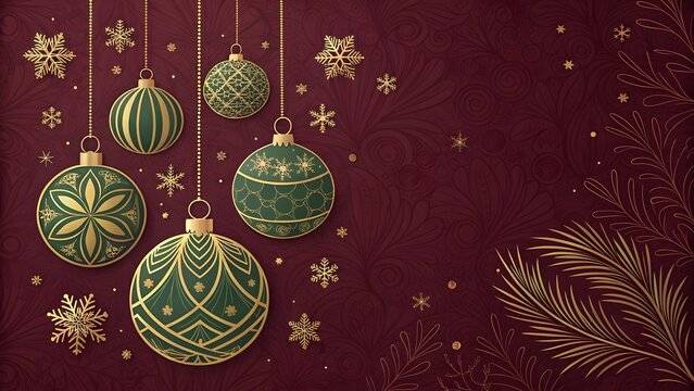 Elegant green christmas ornaments hanging with gold stars and pine branches