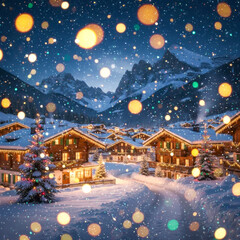 Fototapeta premium Christmas Background With Magical Winter Village With Cozy Chalets, Lights, Snowfall, And Mountains Under Starry Sky. Concept Of Winter Holiday Season, Festive Travel Destinations And Celebration Mood