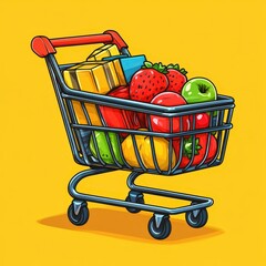 Shopping Cart Filled With Fresh Fruits and Vegetables Illustration.