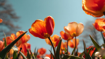 Obraz premium Fresh tulip blossoms in park on warm spring morning