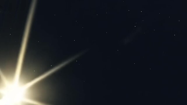 A bright shooting star streaks across the dark night sky leaving a trail of light and particles.