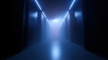 A 3D render of a futuristic server room with glowing blue light, symbolizing data processing and cloud technology.