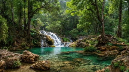 Obraz premium A stunning waterfall spills into a clear turquoise pool framed by vibrant greenery. Sunlight filters through the trees creating a peaceful atmosphere perfect for nature lovers.