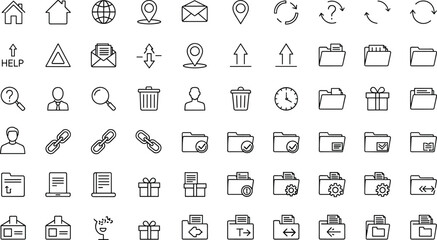 User interface icons set, digital function symbols, navigation and communication graphics, file management visuals, web and app elements