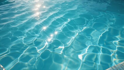 Clear blue swimming pool water with shimmering sunlight reflections  