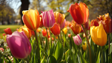 Obraz premium Blooming tulips in garden with soft sunlight background