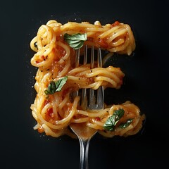 Spaghetti pasta fork food art letter E black background.