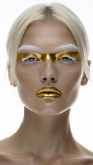 Luxury Golden Face Art.High Fashion Beauty Portrait with Metallic Makeup