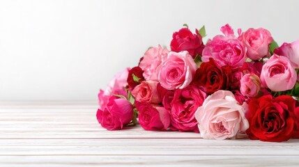 A colorful collection of pink and red roses is placed on a rustic wooden table. The vibrant flowers display their freshness creating a cheerful and inviting atmosphere.