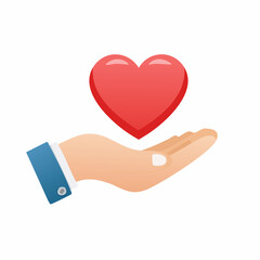 A hand offering a red heart, symbolizing care, love, and support, on a white background.