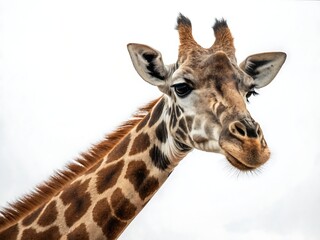 Closeup of a giraffes head isolated on white background in natural light