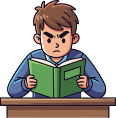 Focused student reading book, cartoon illustration, education concept, learning at desk, academic effort, study time, concentration, school, homework, knowledge